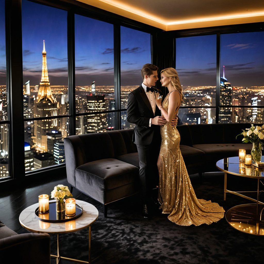 A luxurious penthouse room with a stunning city skyline view, featuring an elegantly dressed couple sharing a glass of champagne. The setting is adorned with gold and black decor, symbolizing exclusivity and wealth. In the foreground, a stylish laptop showcasing a premium dating website, illuminated by soft lighting. The atmosphere exudes sophistication and allure. super-realistic. vibrant colors. luxurious style.