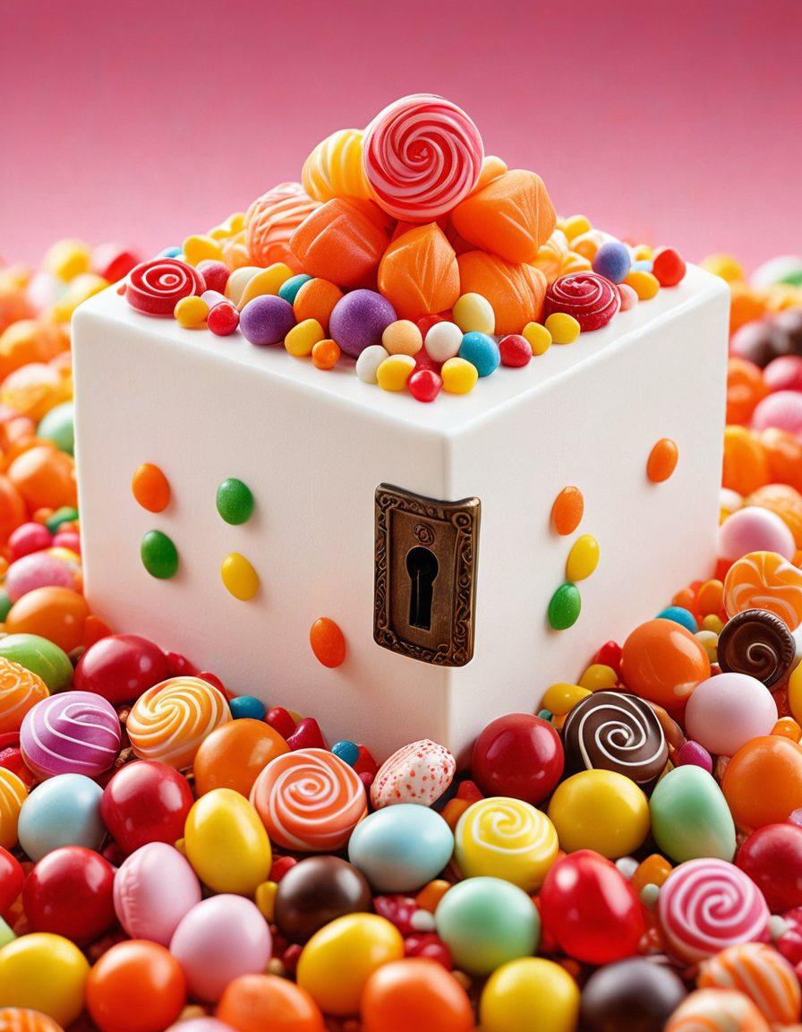 A whimsical and vibrant representation of a key unlocking a giant sugar cube, surrounded by colorful candies and sparkling connections in the form of shimmering threads between people enjoying sweet treats together. The scene should evoke a sense of joy and community, with warm and inviting colors to reflect the sweetness of relationships. super-realistic. vibrant colors. white background.