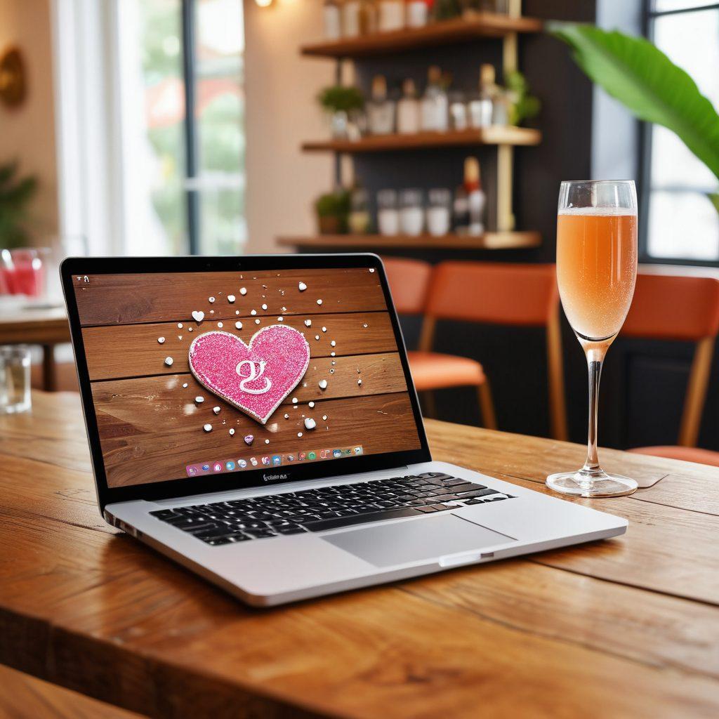 A stylish laptop open on a table with images of sugar lifestyle icons; icons include a heart, dollar sign, and a pair of champagne glasses. The background features a sleek modern cafe with elegantly dressed individuals discussing online subscriptions. Bright colors highlight the joy of sugar relationships in a digital realm. super-realistic. vibrant colors. soft-focus background.